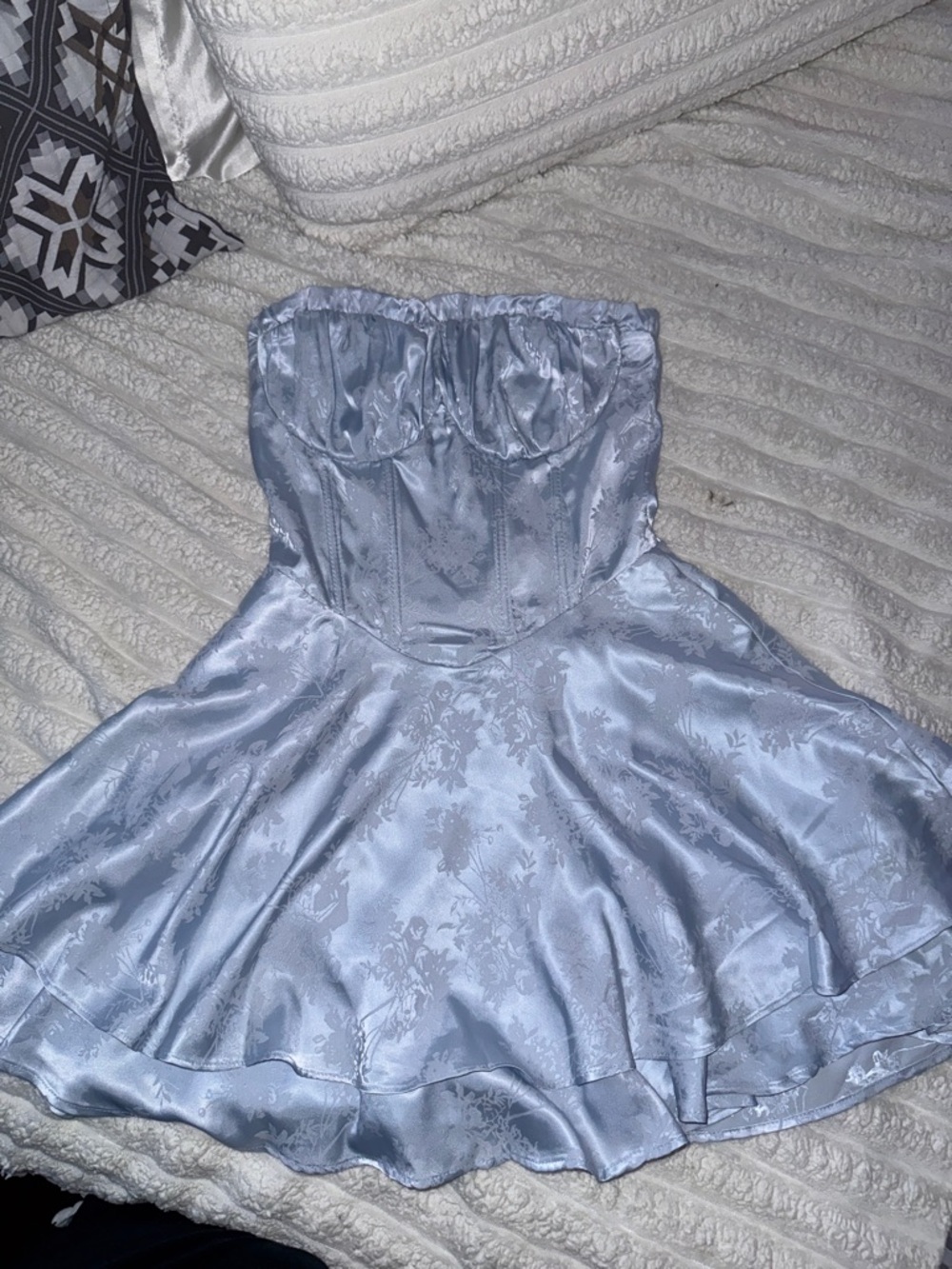 Windsor Light Blue Satin Strapless Fit-and-Flare Dress